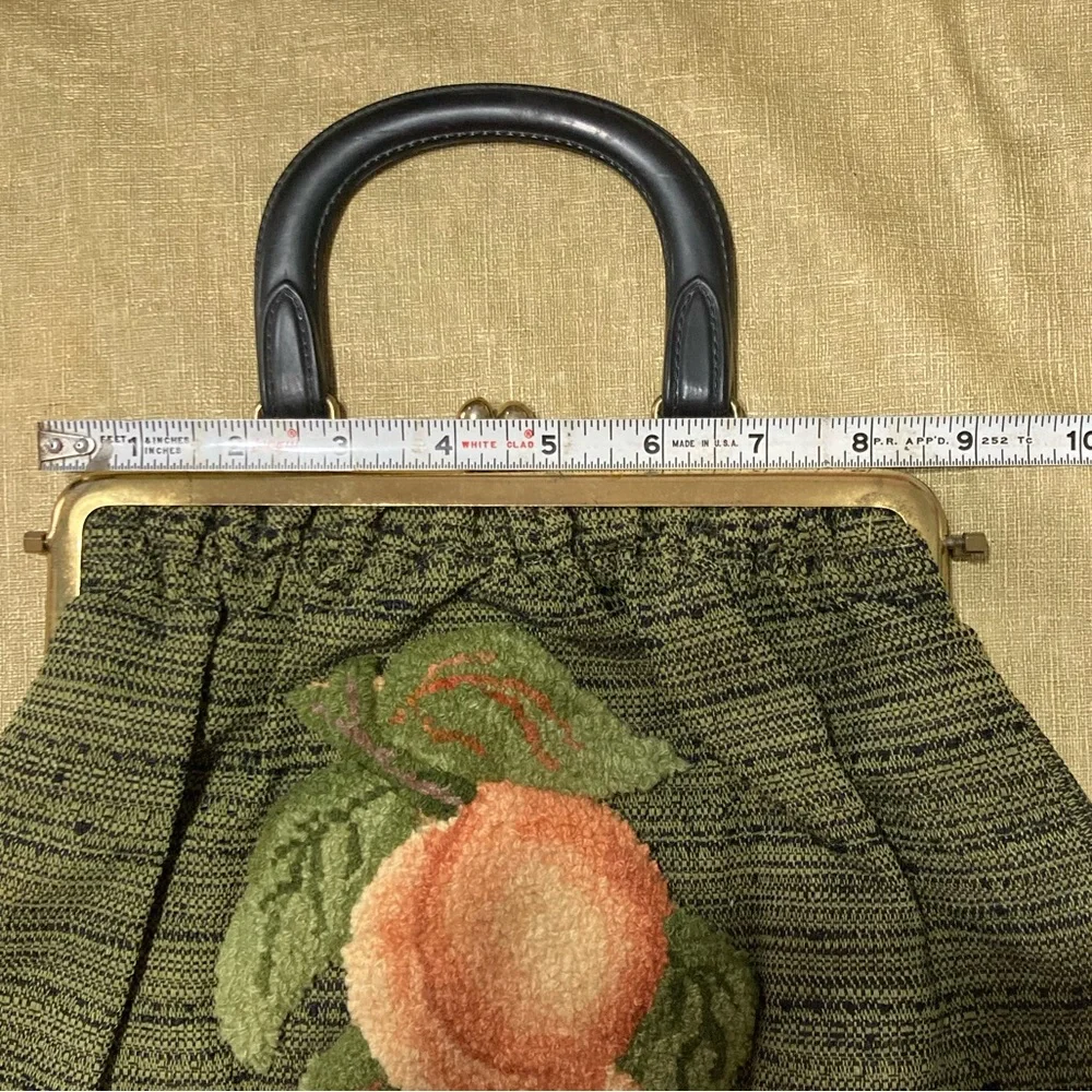 Vintage Style Peach Carpetbag Applique on Green Black Lined Fabric Handbag *HP!*